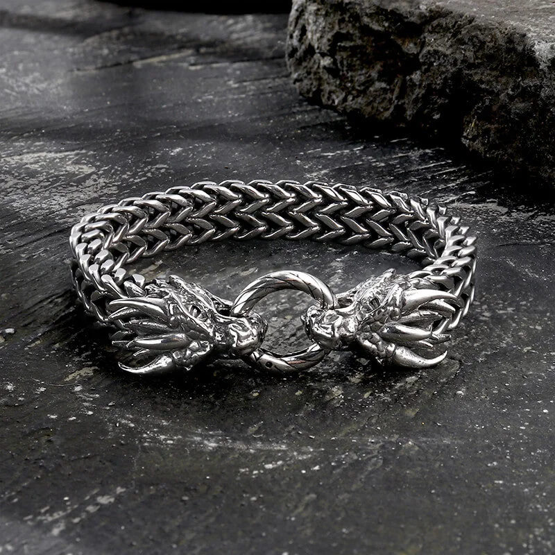 Grand stone bracelets-Punk Double Dragon Head Hoop Stainless Steel Bracelet