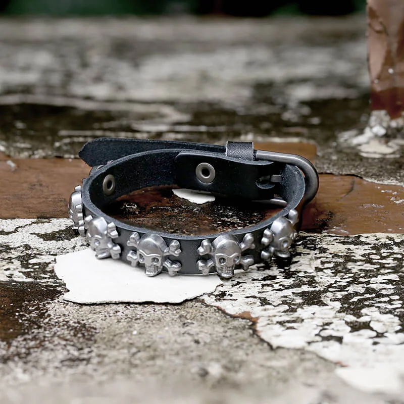 Clear quartz bangles-Skull Alloy Leather Punk Bracelet