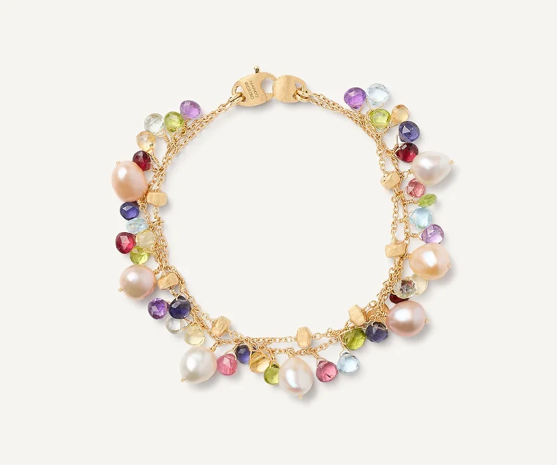 Bead ridge bangles-18K Yellow Gold 2-Strand Gemstone Bracelet With Freshwater Pearls