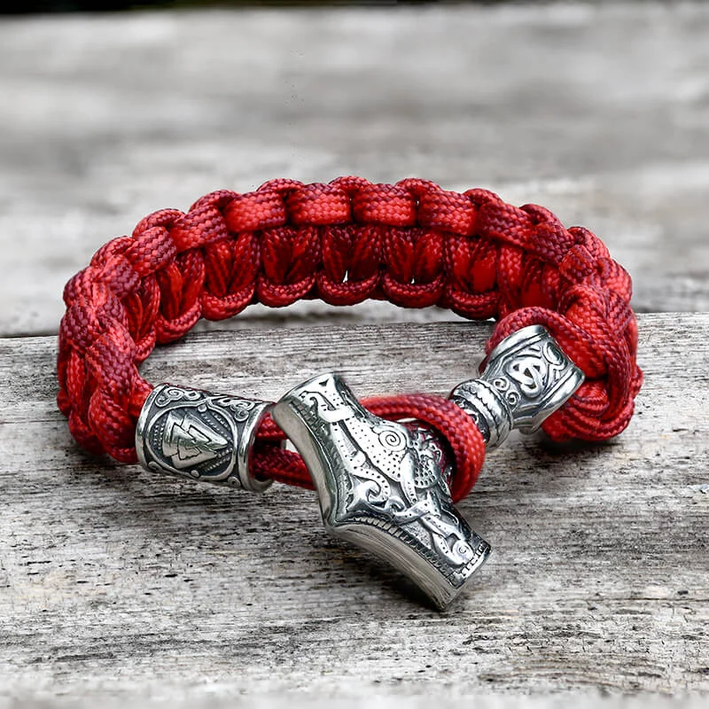 Linked charm bangles-Red Thor’s Hammer Valknut Stainless Steel Paracord Bracelet