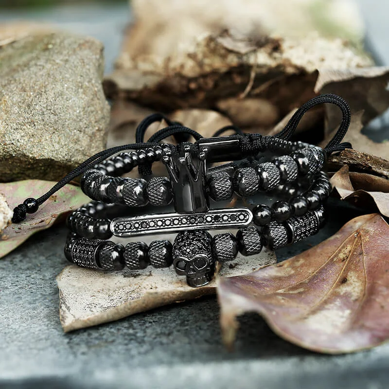 Charm eye bangles-Vintage Crown Stainless Steel Skull Bracelet Set