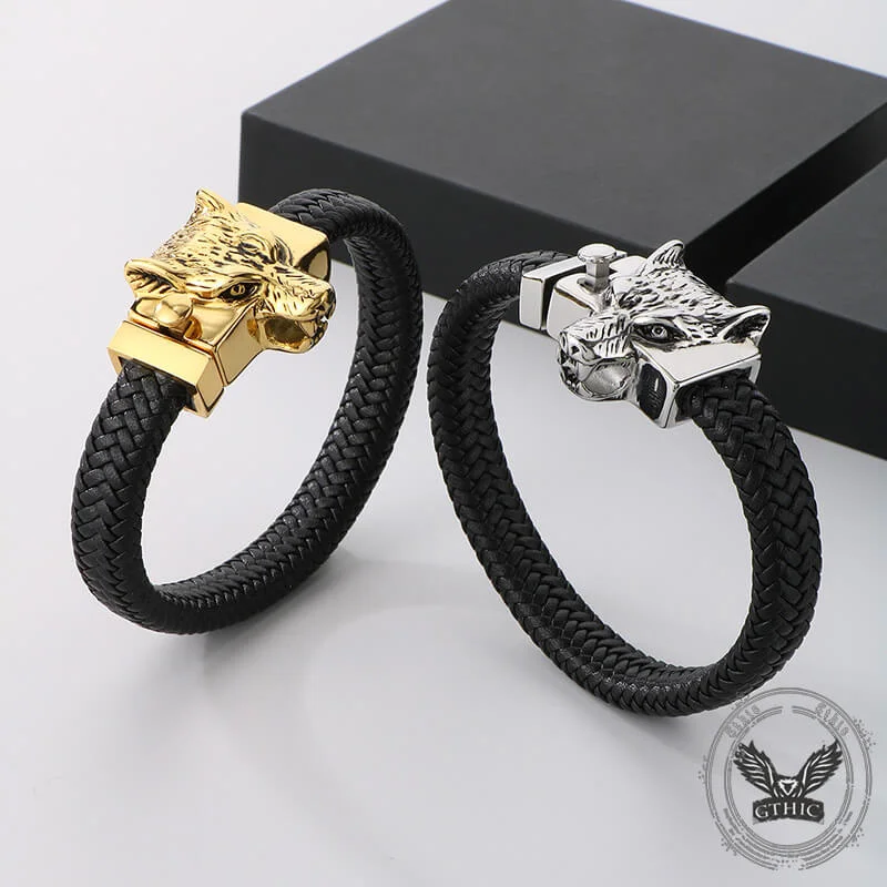 Heritage cameo bracelets-Vintage Wolf Head Stainless Steel Leather Bracelet