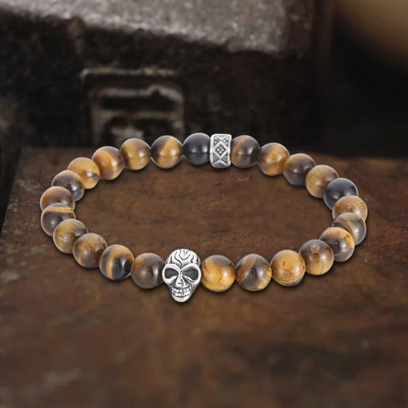 Broad stone bangles-Skull Stainless Steel Beads Bracelet