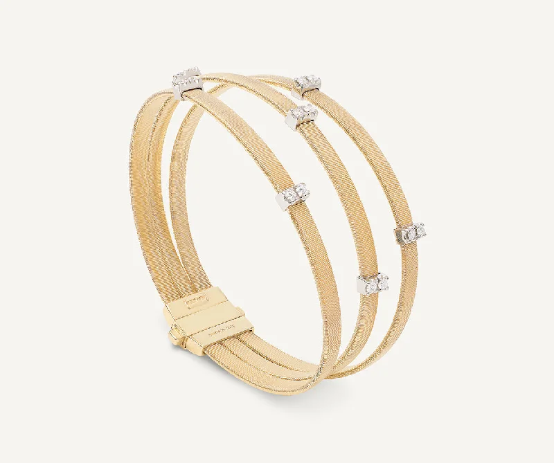 Knotted edge bangles-18K Yellow Gold 3-Strand Coil Bracelet With Diamonds Stations