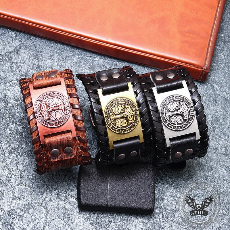 Shadow gothic bracelets-Thor’s Hammer Runes Alloy Leather Viking Bracelet