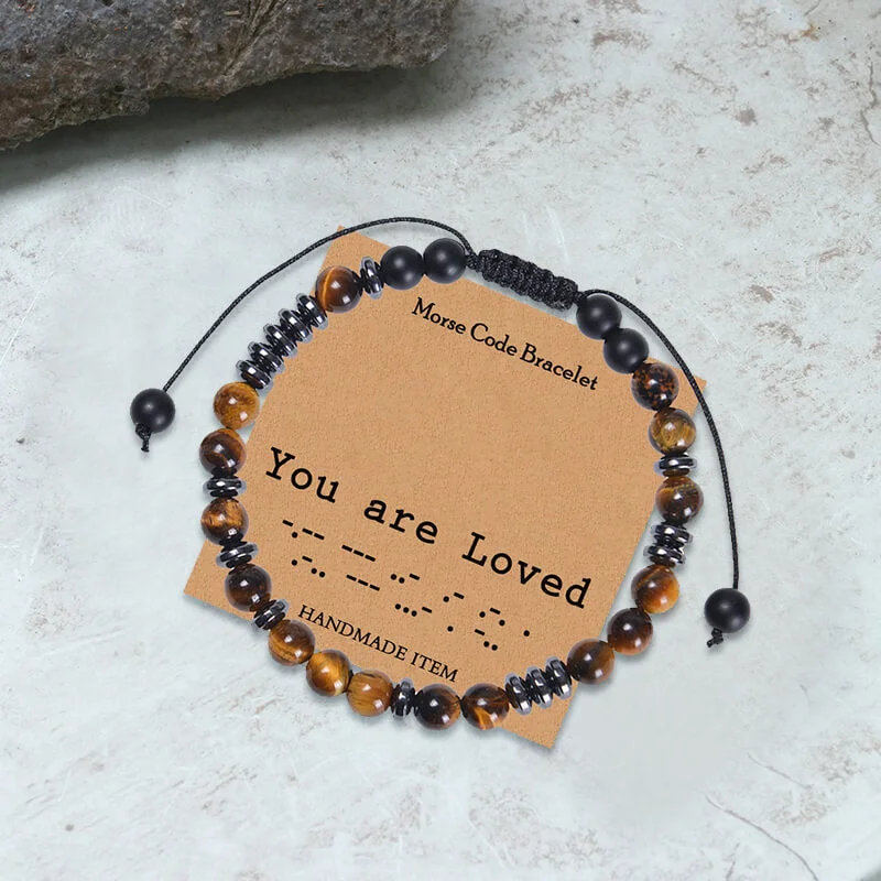 Grain wood bangles-You Are Loved Tiger Eye Morse Code Bracelet