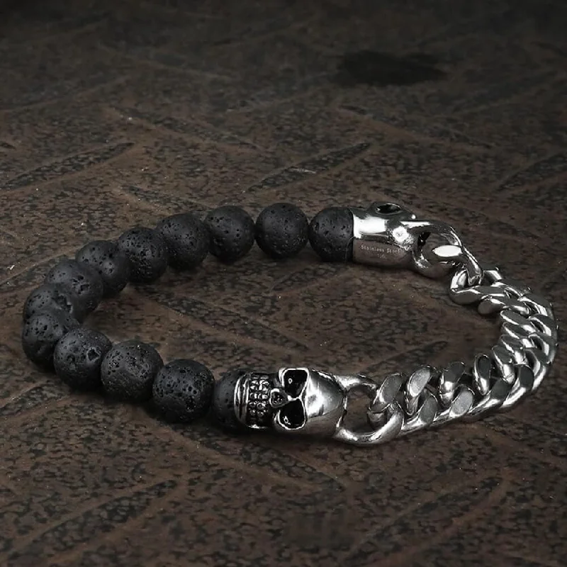 Bead ridge bangles-Cuban Chain And Volcanic Rock Skull Bracelet