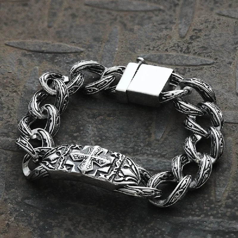 Curved art bracelets-Vintage Cross Pattern Stainless Steel Bracelet