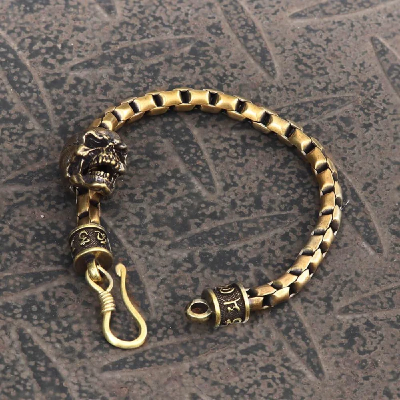 Heritage lock bracelets-Vintage Skull Brass Box Chain Bracelet