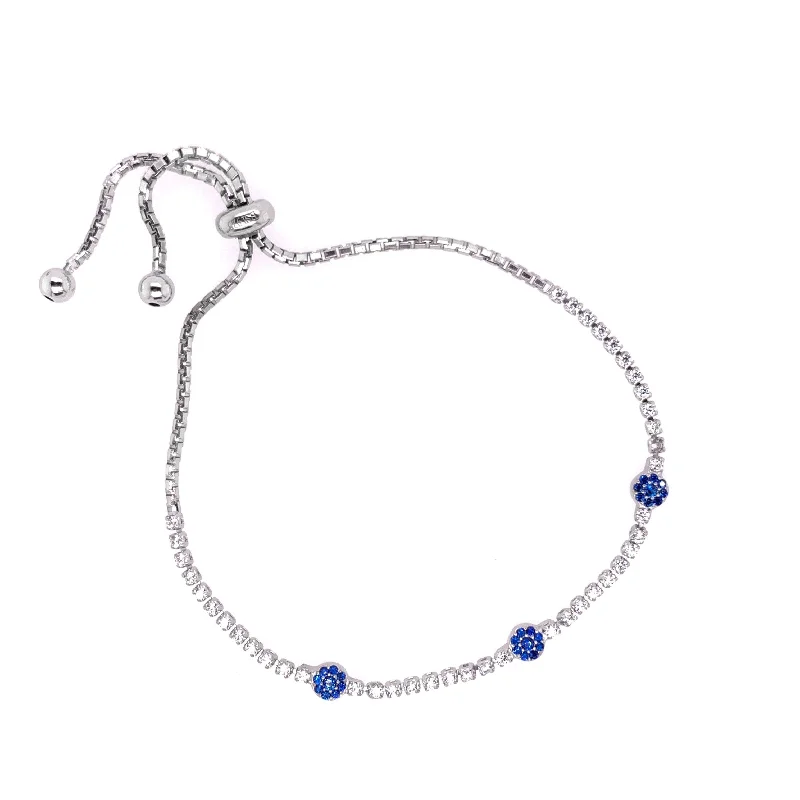 Curved art bracelets-Adjustable Tennis Bracelet with Blue Round Floral Cluster