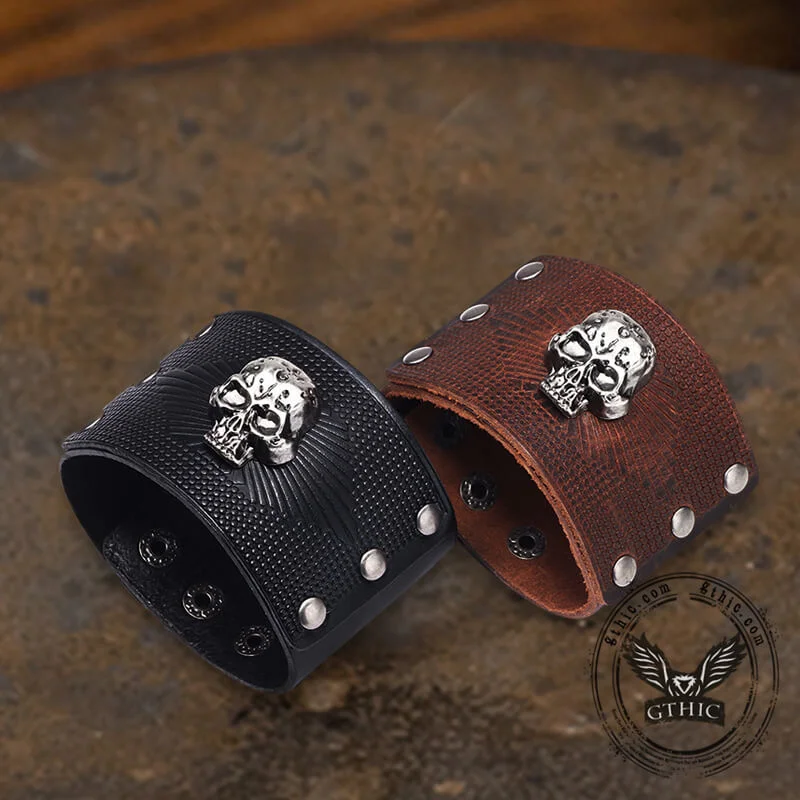 Hand-crafted bangles-Exaggerated Skull Wide Leather Wristband Bracelet