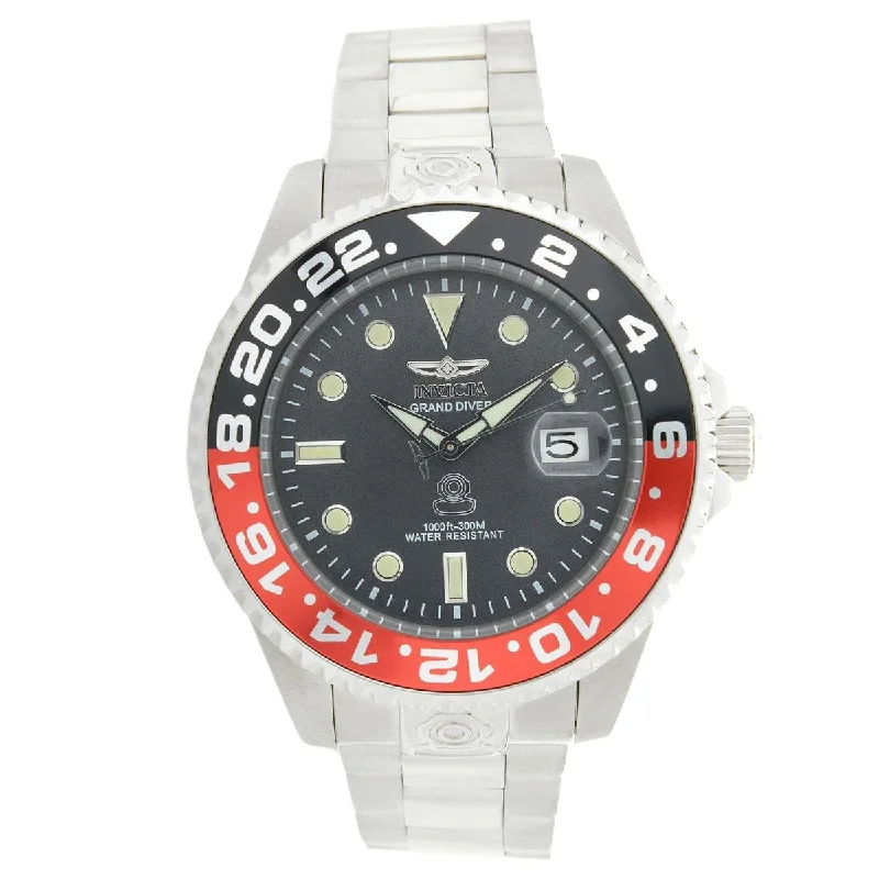 Grand stone bracelets-Invicta 21867 Men's Grand Diver Black & Red Accented Bezel Steel Bracelet Automatic Dive Watch