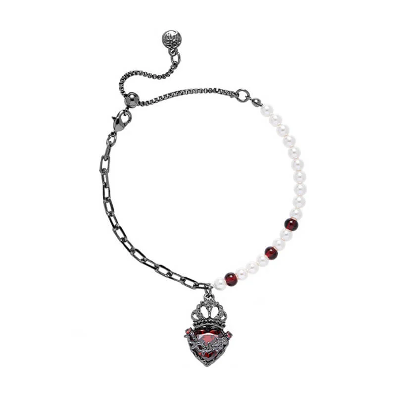 Clear bead bangles-Gothic Crown Heart Shape Pearl Alloy Bracelet