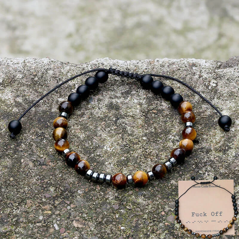 Bead ridge bangles-Fuck Off Tiger Eye Morse Code Braided Bracelet