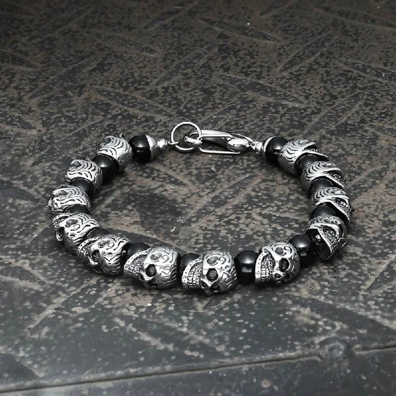 Grand stone bracelets-Skull Stainless Steel Natural Stone Beads Bracelet