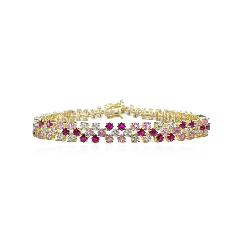 Linked chain bracelets-Gold Plated Scattered Tennis Bracelet With Light Pink, Hot Pink And White CZs