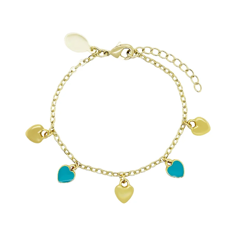 Sleek clasp bangles-Gold Plated Kids Bracelet with Turquoise and Gold Hanging Hearts