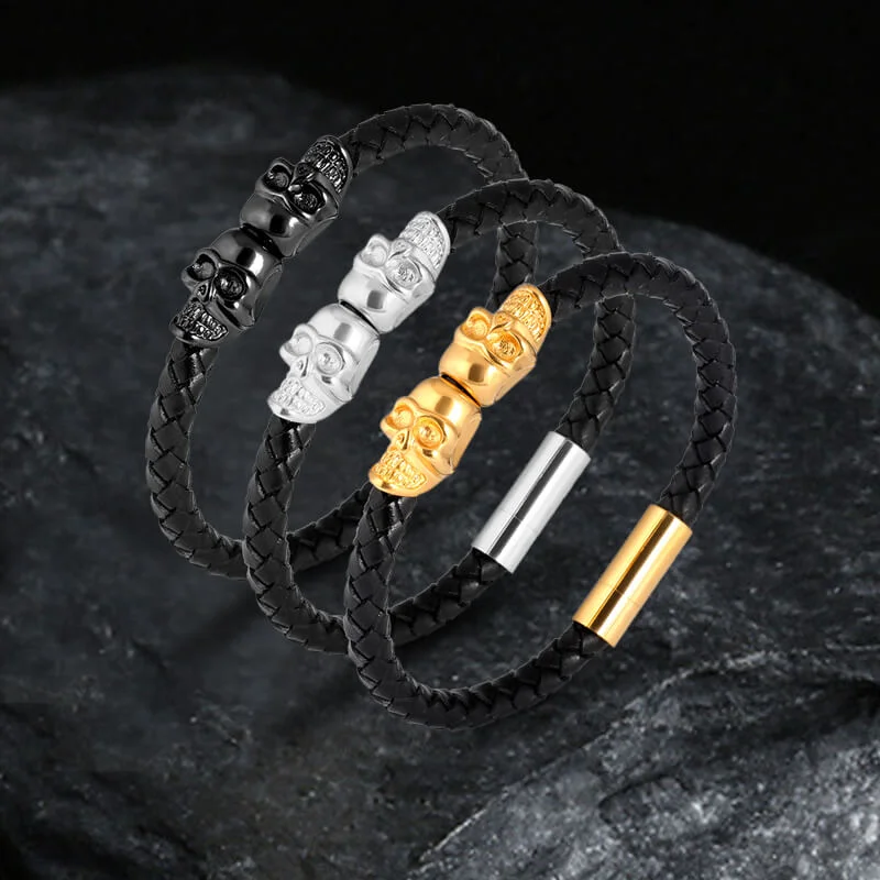 Stretch bangle bracelets-Double Skull Braided Stainless Steel Magnetic Buckle Leather Bracelet