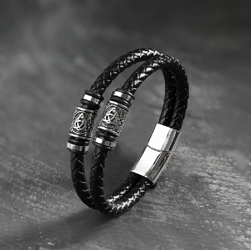 Thick stone bangles-Classic Braided Stainless Steel Leather Bracelet