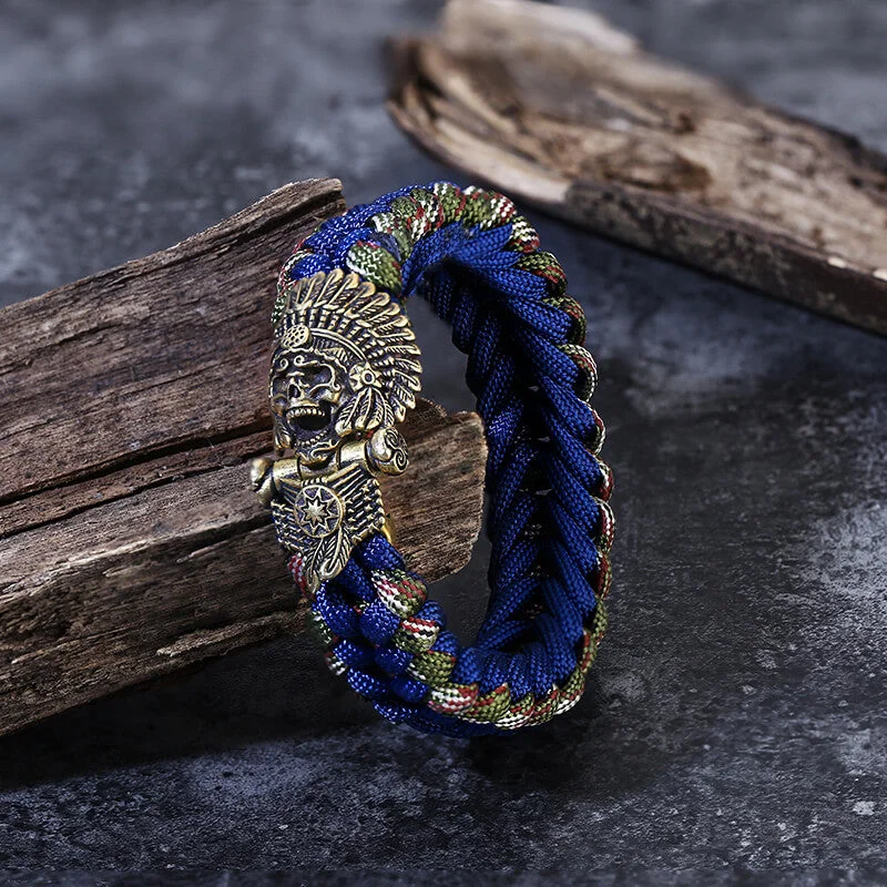 Fluid form bracelets-Indian Warrior Brass Skull Paracord Bracelet