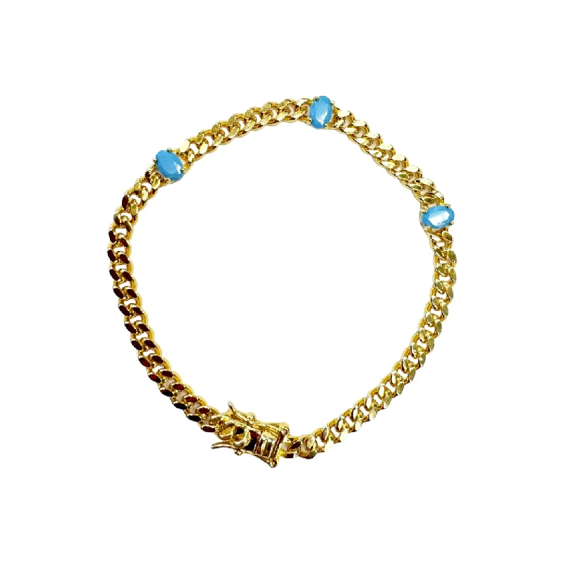 Coiled wire bangles-Gold Plated Cuban Link Bracelet with 3 Oval Turquoise Stones