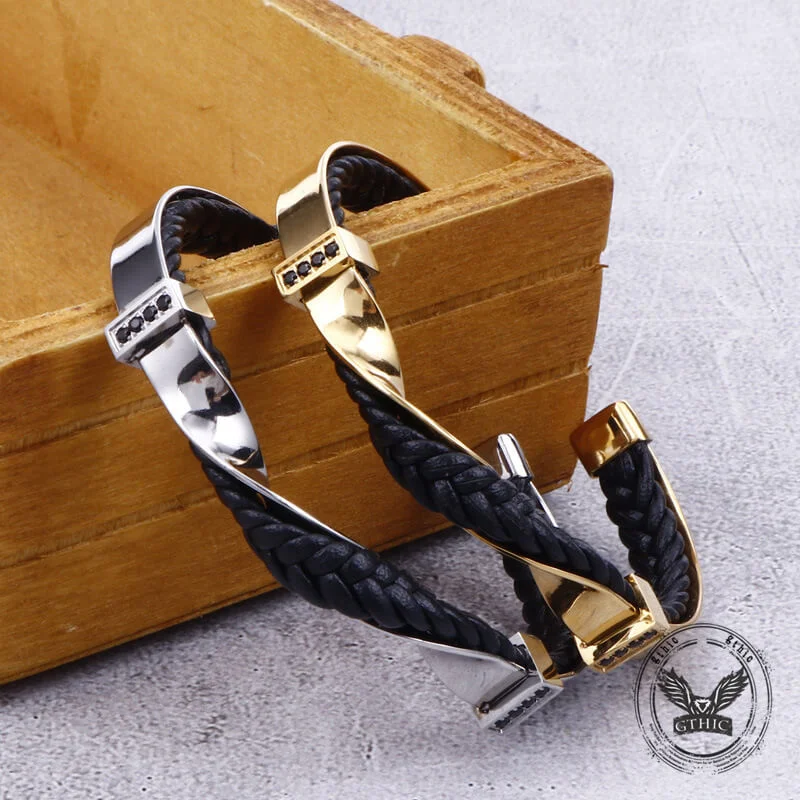 Knotted edge bangles-Twisted Diamond Stainless Steel and Leather Open Bracelet