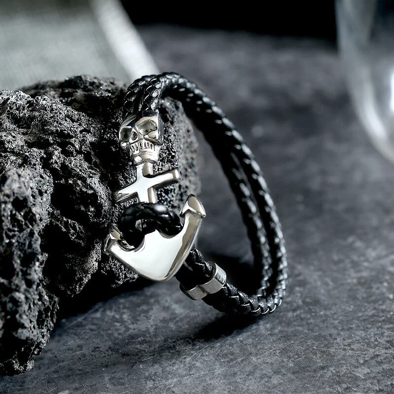 Fine pearl bangles-Anchor Skull Double Braided Leather Bracelet