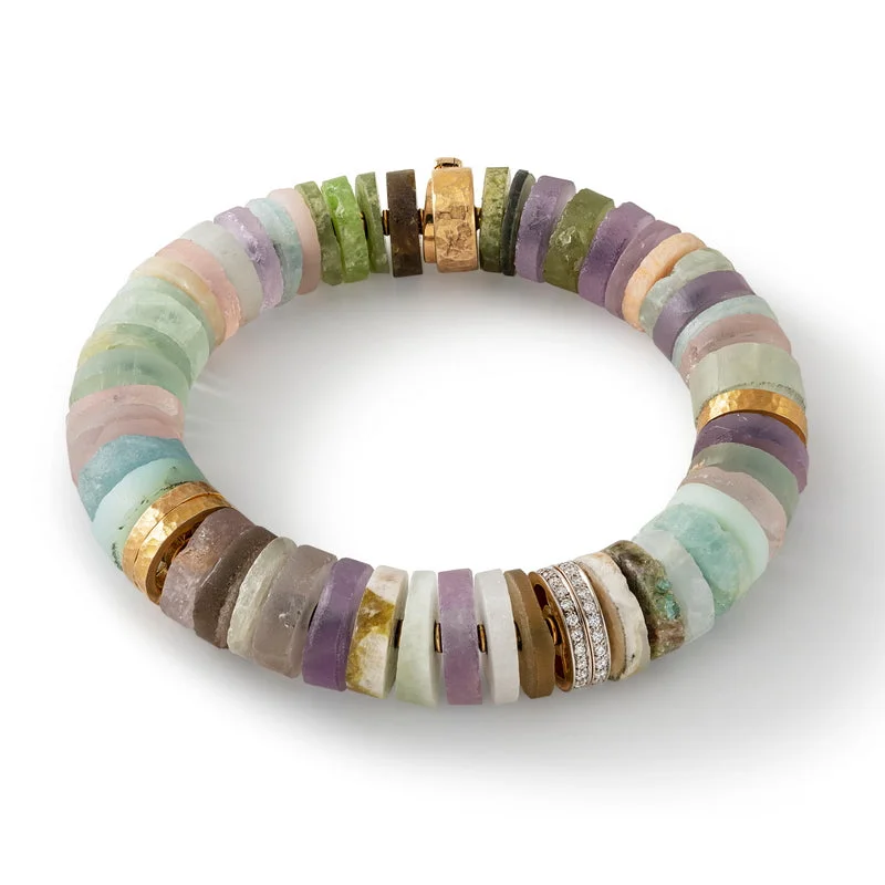 Brushed silver bangles-Women's Multi-Gem Disk and Diamond Bracelet