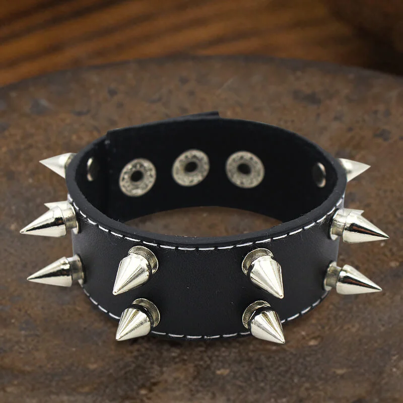 Embroidered bangles-Minimalist Rivets Leather Punk Bracelet