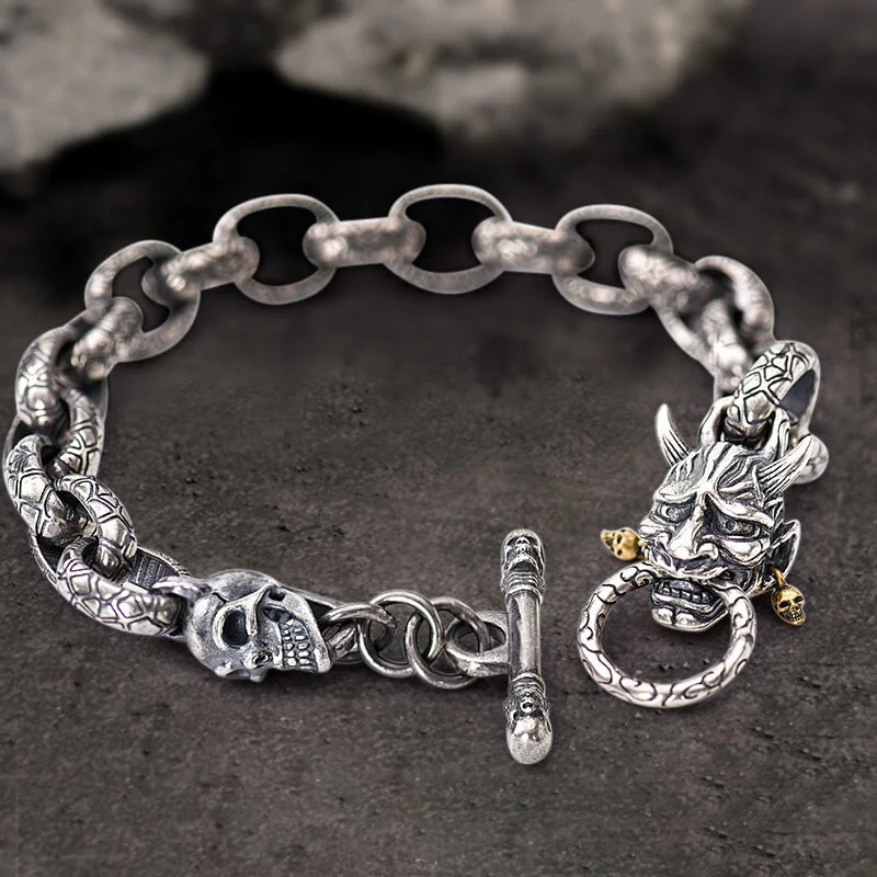 Curved art bracelets-Japanese Demon Oni Skull Sterling Silver Bracelet