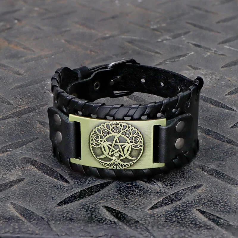 Clean chain bracelets-Triple Moon Tree Of Life Leather Viking Bracelet