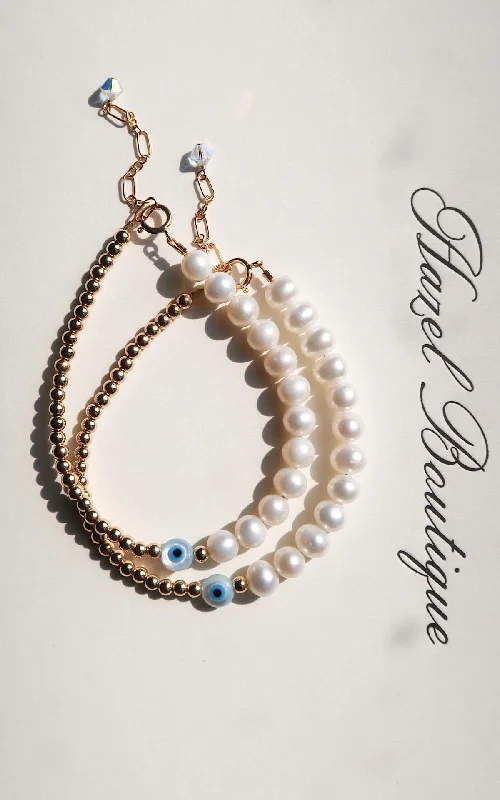 Woven bead bracelets-14k Gold Evil Eye & Pearl Bracelet