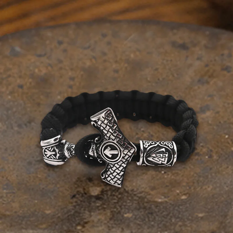 Rope wrap bracelets-Black Thor’s Hammer Stainless Steel Viking Paracord Bracelet