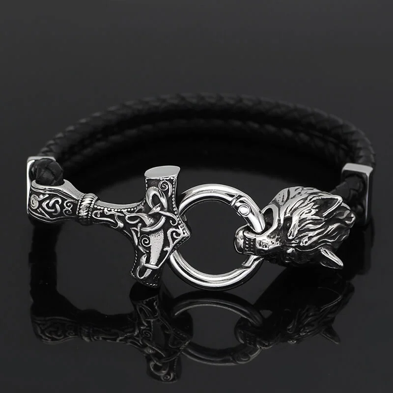 Linked chain bracelets-Viking Wolf Head Stainless Steel Leather Bracelet