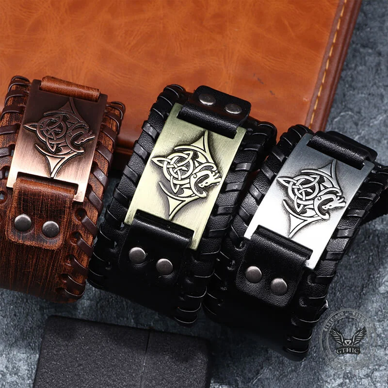 Mixed-tone bracelets-Vintage Celtic Dragon Alloy Leather Viking Bracelet