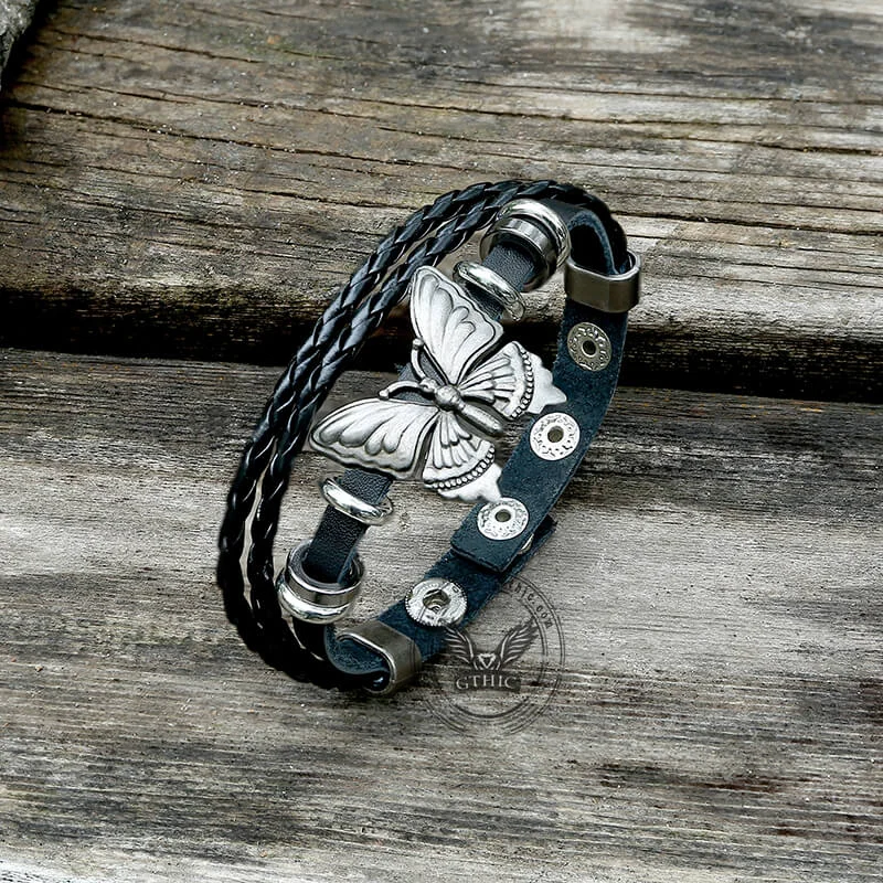 Hematite bangles-Vintage Butterfly Alloy Leather Bracelet