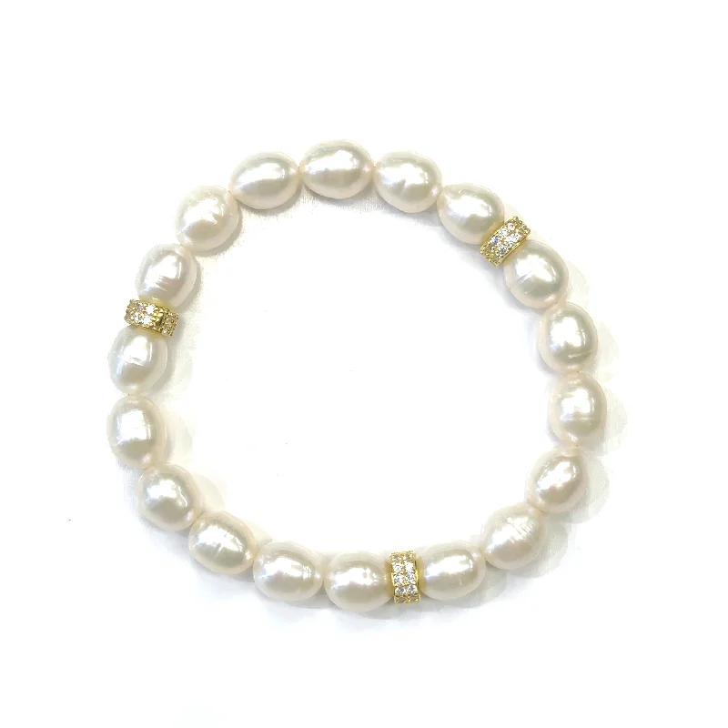 Amber bead bracelets-Freshwater Pearl Bracelet with 3 Gold Plated CZ Pave Rondelle Stations