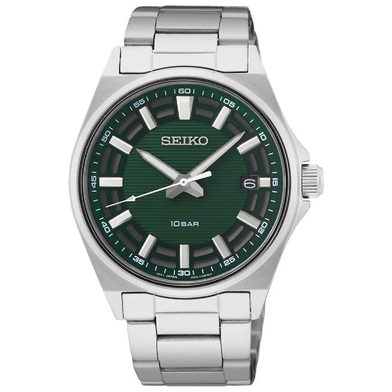 Infinity knot bangles-Seiko Men's Watch - Quartz Green Dial Silver Stainless Steel Bracelet | SUR503P1