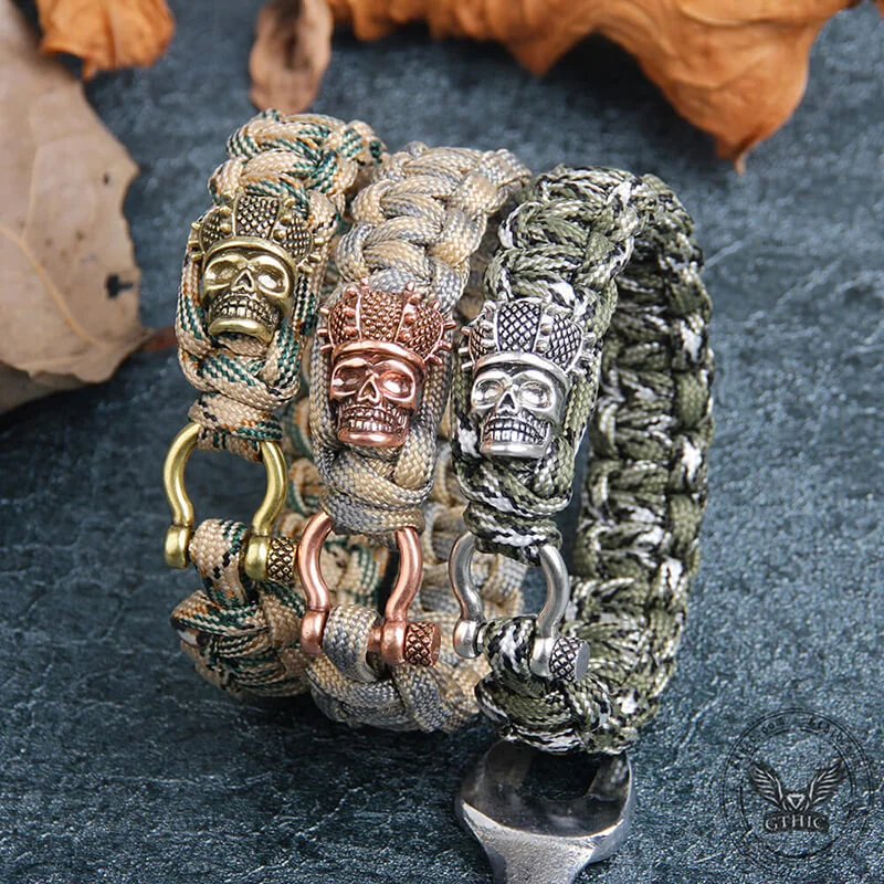 Full moon bangles-Camo Skull Head Braided Paracord Brass Bracelet