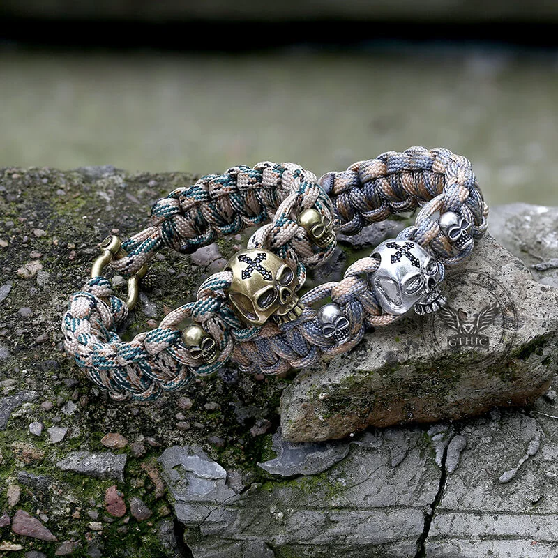 Stamped word bracelets-Woven Alloy Skull Paracord Bracelet