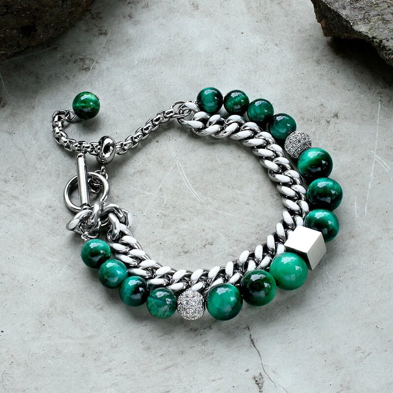 Vibrant enamel bracelets-Green Tiger Eye Stainless Steel Bracelet