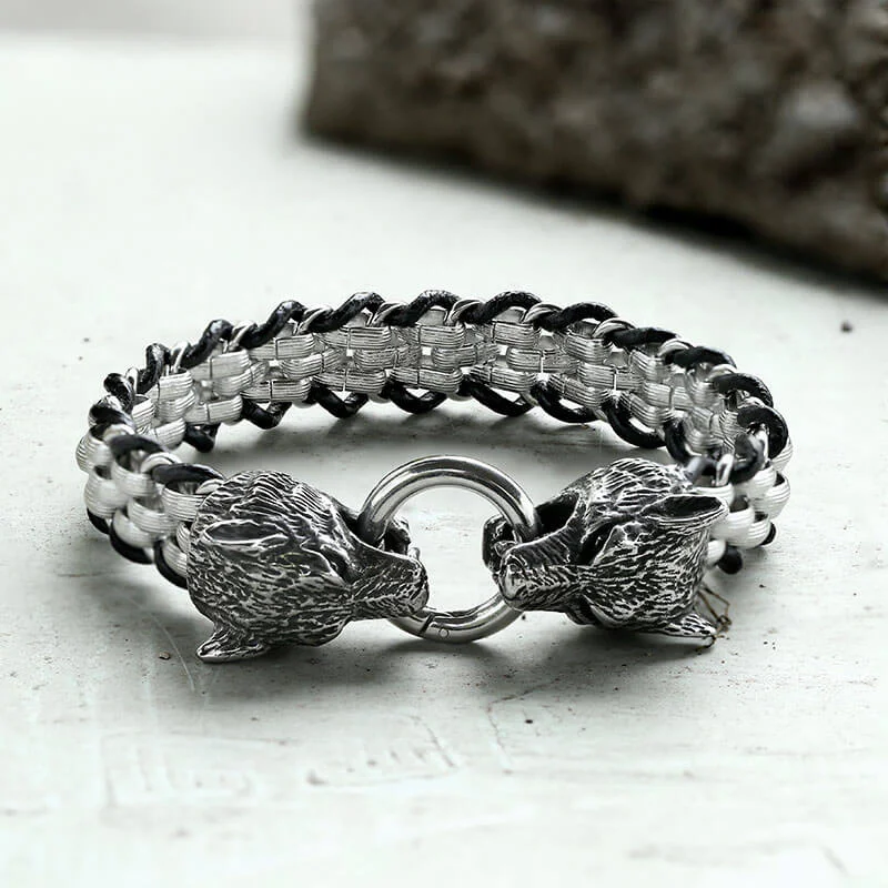 Clear bead bangles-Double Wolf Head Buckle Stainless Steel Braided Bracelet