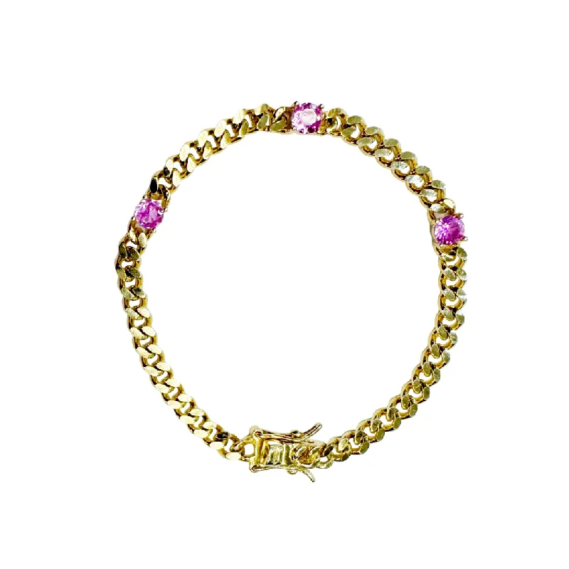 Lotus motif bangles-Gold Plated Cuban Link Bracelet with 3 Pink CZ Stones