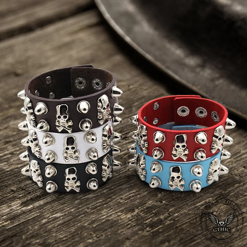 Ladybug bracelets-Punk Crossbones Skull Pu Leather Spiked Bracelet