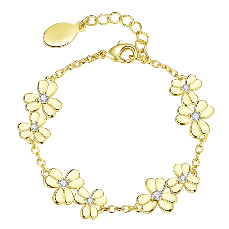 Single dot bangles-Gold Plated Double Flower Bracelet with Center CZ Stone