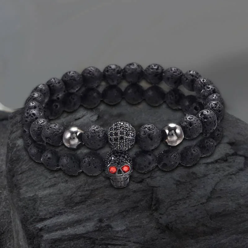 Shadow gothic bracelets-Red Eye Skull Volcanic Rock Bracelet Set