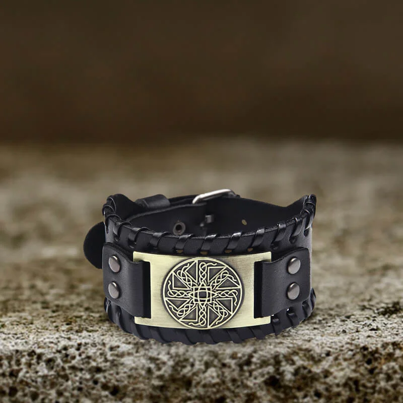 Clean modern bracelets-Sun Wheel Knot Amulet Leather Wristband Bracelet