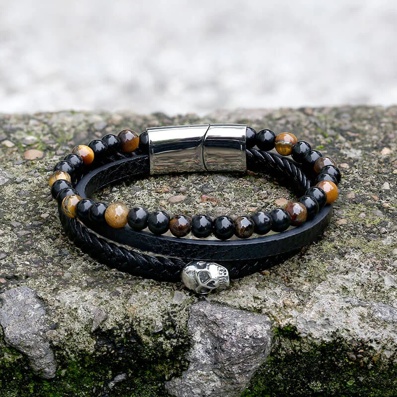 Tiny wing bangles-Punk Tiger Eye Skull Leather Bead Bracelet