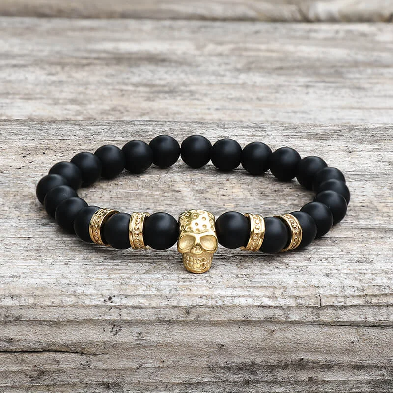 Smoky quartz bracelets-Volcanic Rock Stainless Steel Skull Bracelet