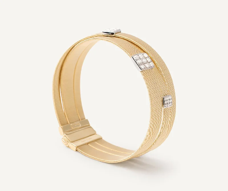 Thick stone bangles-18K Yellow Gold 3-Strand Mixed Coil Bracelet With Diamonds Stations